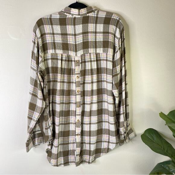 BY ANTHROPOLOGIE Isadora cream Plaid Flannel‎ Button Top Women Size large - Picture 7 of 7